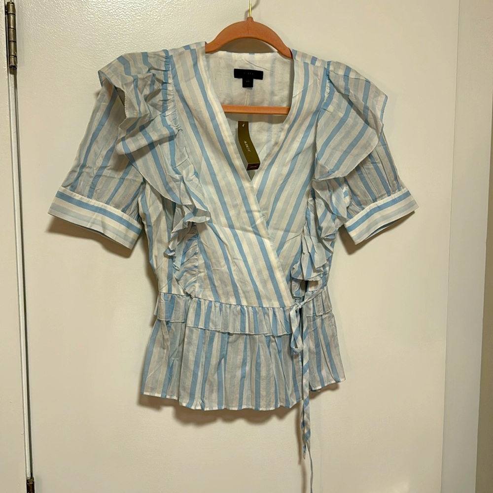 NWT j. Crew ruffle wrap top in blue white stripe size xs - Picture 2 of 3